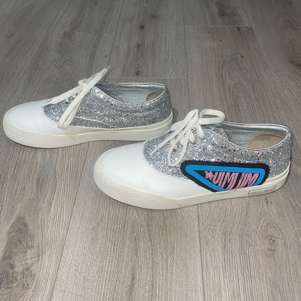 Miu Miu Glitter Beaded Lace-Up Low-Top Sneakers, Silver
